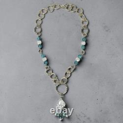 Artisan 925 Sterling Silver Textured Ring Link Blue Art Glass Drop Necklace 20