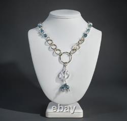 Artisan 925 Sterling Silver Textured Ring Link Blue Art Glass Drop Necklace 20