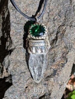 Artisan Hand Made Clear Quartz/Faceted Green Glass Sterling Silver Necklace. A2b