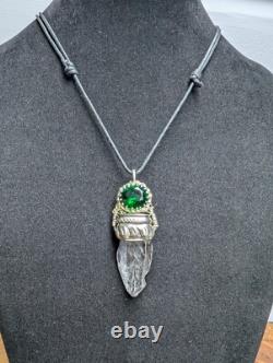 Artisan Hand Made Clear Quartz/Faceted Green Glass Sterling Silver Necklace. A2b