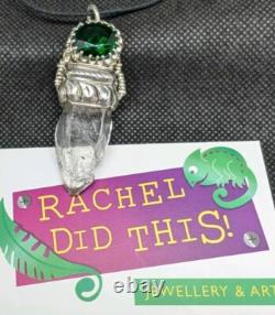 Artisan Hand Made Clear Quartz/Faceted Green Glass Sterling Silver Necklace. A2b