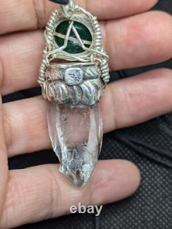 Artisan Hand Made Clear Quartz/Faceted Green Glass Sterling Silver Necklace. A2b