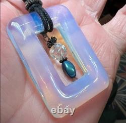 Artisan Lalique Style Opalescent Opaline Art Glass Sterling Silver Necklace