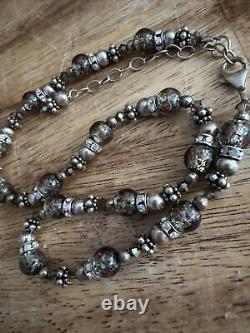 Artisan Sterling Silver Flower painted glass beads rhinestone necklace 16.5