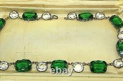 Atq Art Deco Emerald Paste Glass Vauxhall Sterling Silver Riviere Necklace Sb