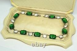 Atq Art Deco Emerald Paste Glass Vauxhall Sterling Silver Riviere Necklace Sb