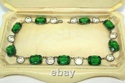 Atq Art Deco Emerald Paste Glass Vauxhall Sterling Silver Riviere Necklace Sb