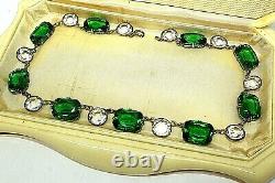 Atq Art Deco Emerald Paste Glass Vauxhall Sterling Silver Riviere Necklace Sb