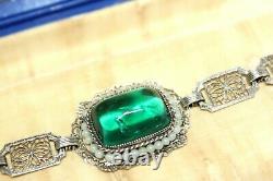 Atq Wells Art Deco Sterling Czech Poured Glass Sugarloaf Filigree Bracelet Fbr