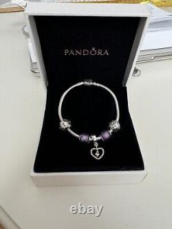 Authentic. 925 Sterling Silver Pandora Bangle Purple Murano Charm, Silver Charms