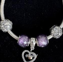 Authentic. 925 Sterling Silver Pandora Bangle Purple Murano Charm, Silver Charms
