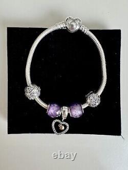 Authentic. 925 Sterling Silver Pandora Bangle Purple Murano Charm, Silver Charms