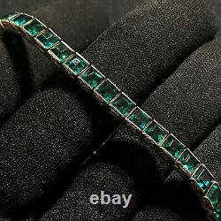 Authentic Antique Estate Sterling Silver Art Deco Green Paste Glass Bracelet 7