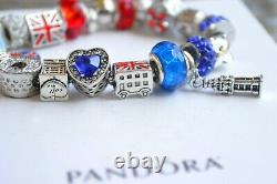 Authentic PANDORA S BRACELET Love England Flag Travel Big Ben London Bus Charms