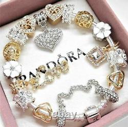 Authentic Pandora Bracelet Gold Love Silver Crystal Heart & European Charms