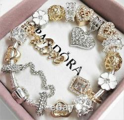 Authentic Pandora Bracelet Gold Love Silver Crystal Heart & European Charms