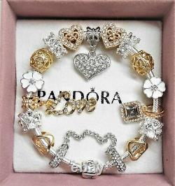 Authentic Pandora Bracelet Gold Love Silver Crystal Heart & European Charms