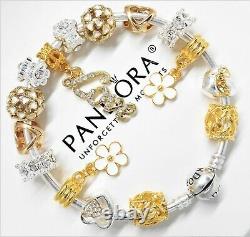 Authentic Pandora Bracelet Silver Bangle With Gold Love Heart European Charms