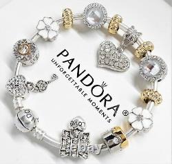 Authentic Pandora Bracelet Silver Heart Gold Love & White European Charms. NIB