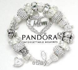 Authentic Pandora Bracelet Silver with MOM White Family European Charms NIB