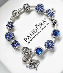 Authentic Pandora Charm Bracelet Silver Bangle BLUE LOVE with European Charms