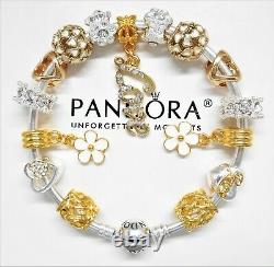 Authentic Pandora Charm Bracelet Silver Bangle GOLD LOVE HEART European Charms