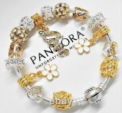 Authentic Pandora Charm Bracelet Silver Bangle GOLD LOVE HEART European Charms