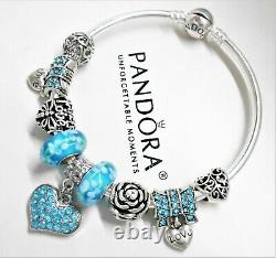 Authentic Pandora Charm Bracelet Silver Bangle With LOVE HEART European Charms