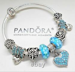 Authentic Pandora Charm Bracelet Silver Bangle With LOVE HEART European Charms