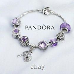 Authentic Pandora Charm Bracelet Silver Purple Love Heart with European Charms