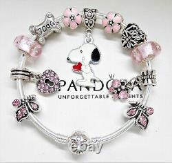 Authentic Pandora Silver Bangle Bracelet PINK Snoopy Love Dog European Charms