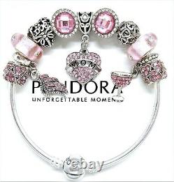Authentic Pandora Silver Bangle Bracelet Pink Love With European Charms