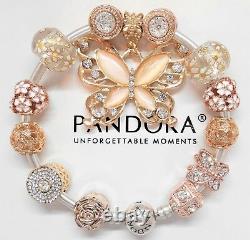 Authentic Pandora Silver Bangle Bracelet With Rose Gold Butterfly European Charm