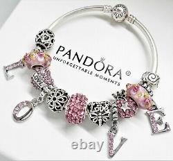 Authentic Pandora Silver Bangle Charm Bracelet Pink Love With European Charms