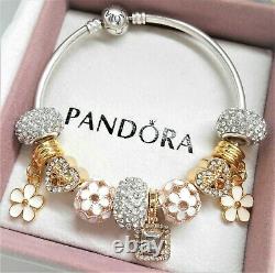 Authentic Pandora Silver Bangle Charm Bracelet With GOLD Heart European Charms