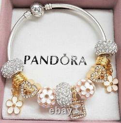 Authentic Pandora Silver Bangle Charm Bracelet With GOLD Heart European Charms