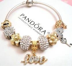 Authentic Pandora Silver Bangle Charm Bracelet, With Gold Love European Charms