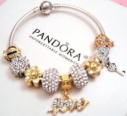 Authentic Pandora Silver Bangle Charm Bracelet, With Gold Love European Charms