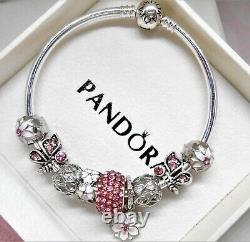 Authentic Pandora Silver Bangle Charm Bracelet With Pink Heart European Charms