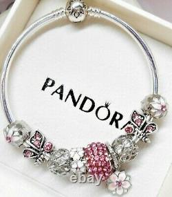 Authentic Pandora Silver Bangle Charm Bracelet With Pink Heart European Charms