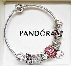 Authentic Pandora Silver Bangle Charm Bracelet With Pink Heart European Charms