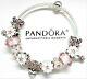 Authentic Pandora Silver Bangle Charm Bracelet, With Pink Love European Charms
