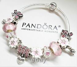 Authentic Pandora Silver Bangle Charm Bracelet, With Pink Love European Charms