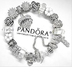 Authentic Pandora Silver Charm Bracelet LOVE STORY WIFE & White Murano Glass