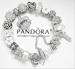 Authentic Pandora Silver Charm Bracelet LOVE STORY WIFE & White Murano Glass