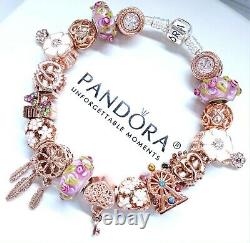 Authentic Pandora Silver Charm Bracelet PINK ROSE GOLD LOVE HEART European Beads