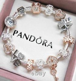 Authentic Pandora Silver Charm Bracelet ROSE & WHITE GOLD LOVE European Beads