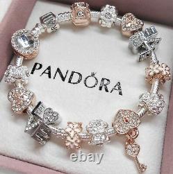 Authentic Pandora Silver Charm Bracelet ROSE & WHITE GOLD LOVE European Beads