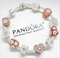 Authentic Pandora Silver Charm Bracelet WHITE & ROSE GOLD HEART European Beads