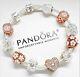 Authentic Pandora Silver Charm Bracelet White & Rose Gold Heart European Beads